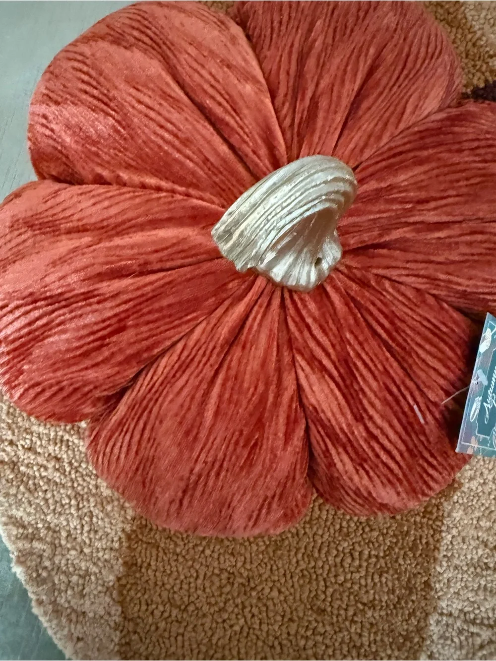 Autumn Pumpkin Accent thick and plush hooked Rug , and an orange cloth pumpkin.